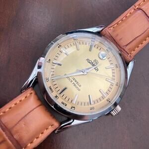 Roamer Gold Dial Watch with Brown Leather Strap